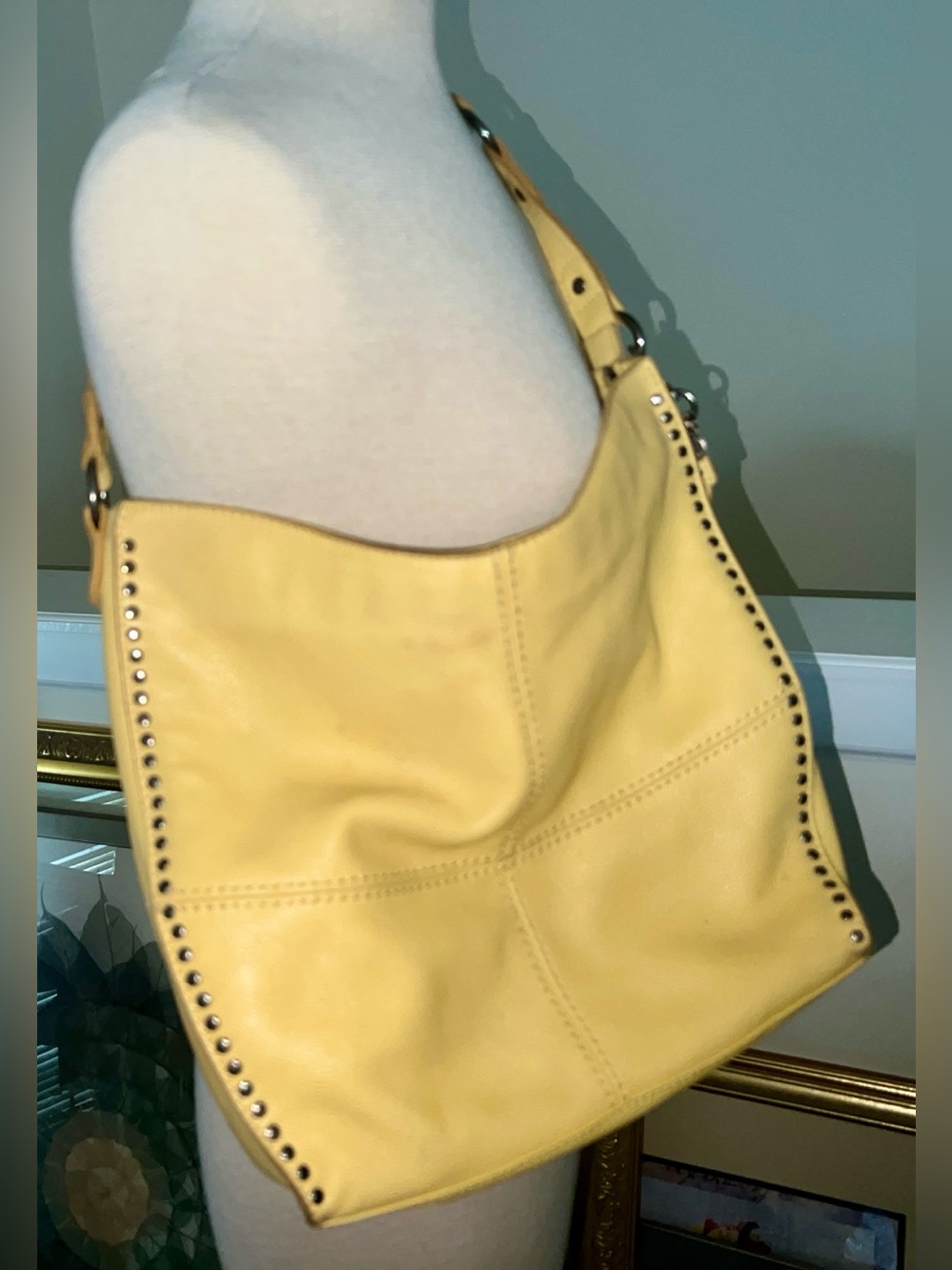 The SAK Butter Yellow Pebbled Leather Shoulder Hobo Bag Tassels, Studded Trim